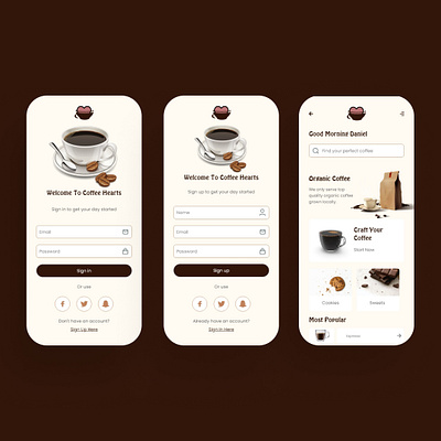 COFFEE SHOP MOBILE SIGN UP/SIGN IN AND HOME SCREENS branding design graphic design home logo mobile product design screen sign sign in sign in screen sign up screen signup ui ux