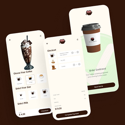 COFFEE SHOP CART, CHECKOUT AND CONFIRMATION ORDER SCREENS branding checkout screen coffee confirmation screen design graphic design mobile order product design ui ux design