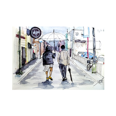 Rainy Street in Tokyo, 2021 architecture cartoon design drawing fineliners illustration inking japanstreet perspective sketching watercolors