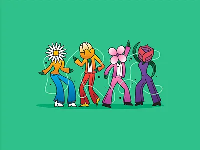Disco Flowers 70s 80s character dance dancer design disco disco flowers flower flower pedal flowers gradient green groovy illustration party retro trippy vector