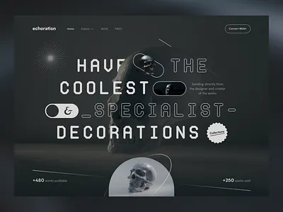 Echoration Landing Page 💀 dark decoration dimention echo echo design echodesign face hero hero section human face involute landing lineart nested nft skeleton skull typography ui design website