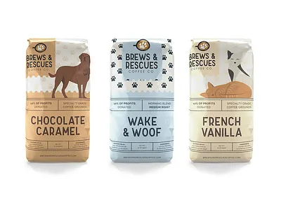 Brews & Rescues Packaging animals bag branding coffee coffeebag design graphic design packagingdesign