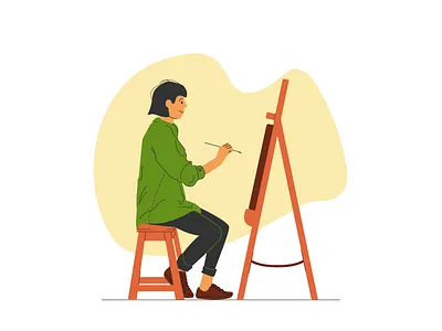 Illustration of a girl drawing on canvas artist drawing easel flat illustration vector woman