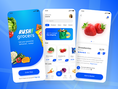 Rush Grocers - Mobile grocery app app app design blue creative design ecommerce figma grocery interface minimal mobile mobile app mobile ui modern order ui ui design user interface ux visual design