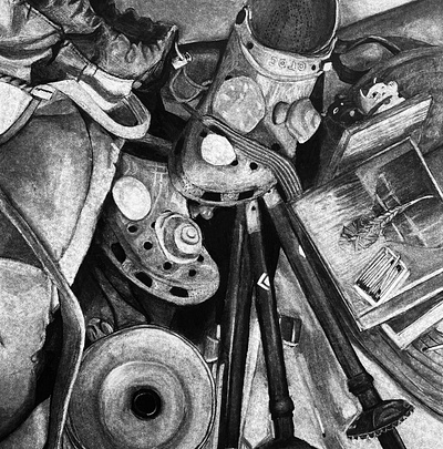 Footnotes charcoal drawing illustration still life traditional media