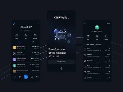 Crypto Trading App (ORU Wallet) app design blockchain crypto crypto app crypto wallet cryptocurrency dark theme design financial app mobile mobile app mobile ui trade trading app ui uiinspirations uiuxdesign uiuxsupply ux wallet