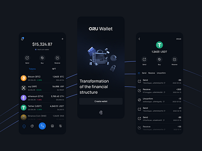 Crypto Trading App (ORU Wallet) app design blockchain crypto crypto app crypto wallet cryptocurrency dark theme design financial app mobile mobile app mobile ui trade trading app ui uiinspirations uiuxdesign uiuxsupply ux wallet