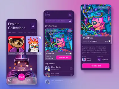 NFT E-commerce Auction App app auction binance blockchain crypto cryptoart cryptowallet cyber punk darkmode design ethereum exchange futuristic glassmorphism mobile nft pixel token ui wallet