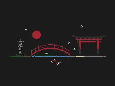 Koi 1bit illustration japanese koi landscape minimal pixel torii