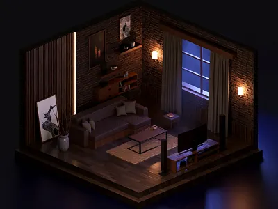 Night isometric room 3d 3dgraphic blender design illustration interior isomentic lowpoly modeling texture