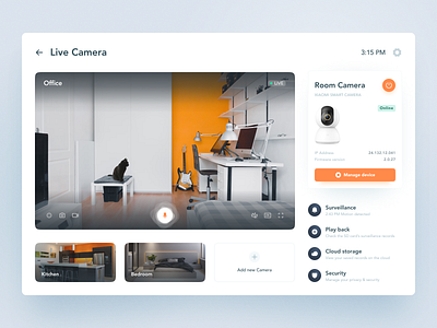 Mi Home hub concept app application camare cat design device hub ip camera layout light live office orange recording room smart smart home tablet video xiaomi