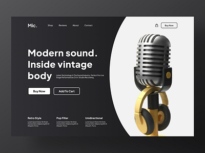 Landing Page: Microphone black dark darkui ecommerce figma header section hero landing page layout microphone minimal music sound ui ux web web design webdesign webpage website