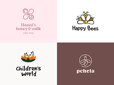 Bee Collection 🐝 bee branding cake cake shop children design dribbble flowers graphic design happy honey illustration kids kindergarten line logo logo happy logo line logotype milk