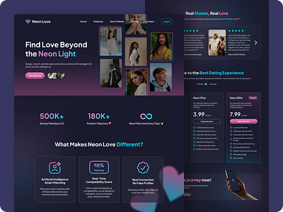 Neon Love – Dating App Company Landing Page Website dark mode dating dating app design landing page mockup modern portfolio responsive design ui ui design uiux uiux design ux website