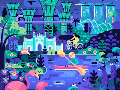 Singapore Parks activities bay flat design gardens geometric illustration kayaking national night parks poster scene singapore tourist travel