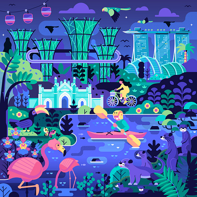 Singapore Parks activities bay flat design gardens geometric illustration kayaking national night parks poster scene singapore tourist travel