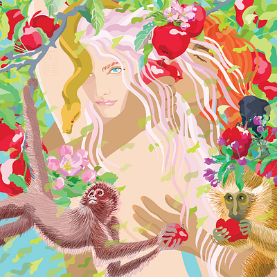 The Lost Garden apple botanical couple digital digital illustration digitalart fauna flora fruits garden graphic design illustration monkeys nft nftart paradise portrait realism surreal wildlife