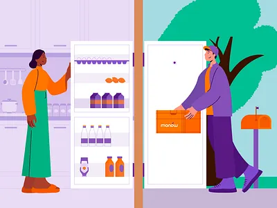 Manaw - Grocery Delivery beverage character courier delivery drawing food fridge groceries grocery illustration kitchen market person shop shopping supermarket