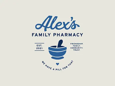 Alex's Family Pharmacy Brand branding hand drawn hand drawn logo illustration inky logo design medicine pharmacy script vintage