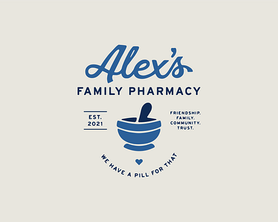 Alex's Family Pharmacy Brand branding hand drawn hand drawn logo illustration inky logo design medicine pharmacy script vintage