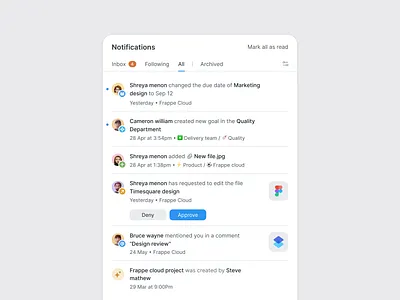 Frappe team — Notifications blue card design filters grey icon mentioned minimal notifications project task management team ui ux