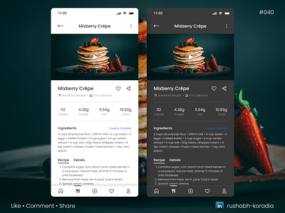 DailyUI 040 - Recipe calorie daily ui challenge dailyui dailyui challenge dailyui day 40 dailyui day 40 ui dark mode day 40 recipe food kitchen mobile ui mobile ui design protein recipe recipe dailyui recipe day 40 ui recipe ui rushabh koradia ux rushabh video