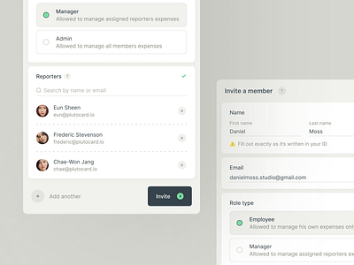 Invite a Member Modal cards clean fields inputs interface minimal modals pop up popup product product design selectors ui ui design user interface ux ux design web web app