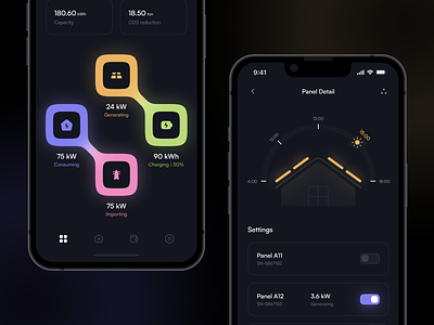 Solar Panels Monitoring App connect dark ui device control energy green energy iot management mobile mobile app monitor monitoring power power control saas smart app smart home solar energy solar panel sun wind energy