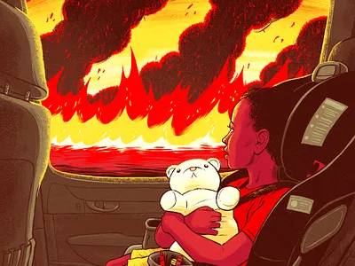 Wildfire child climate change drawing fire illustration