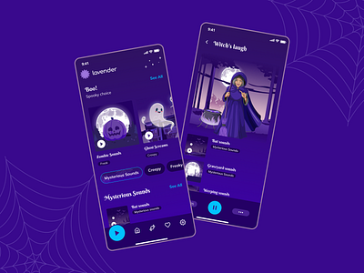 Lavender App - Halloween Redesign app design app redesign bright design design figmadesign graphic design halloween halloween design halloween redesign illustrations mobile app mobile app redesign music app mystical design purple purple pallete redesign ui userinterface ux