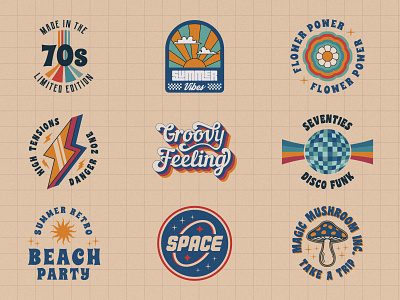 Retro groovy logo collection 1970s 70s abstract design emblem groovy illustration logo retro summer vector vintage