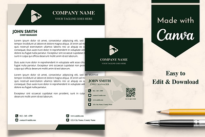 Green & Beige Business Card with Letterhead | Canva Template abstract attractive beige branding business card canva compnay corporate design green illustration letterhead minimal modern template vector