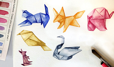 Watercolor Origami Animals animals design hand drawn illustration motif painting patterndesign raster textile vector watercolor