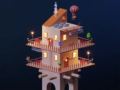 3D illustration - Night version 3d 3d art 3d design 3d house 3d modeling blender building cute 3d design game illustration house illustration island isometric lowpoly night piqo design red render shift