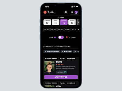 Fitness Booking App UI | TruBe animation app booking date filters fitness interaction search training ui web yoga