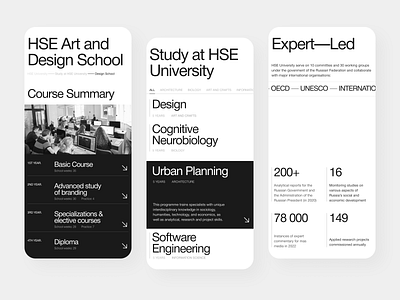 HSE University benifits blackwhite course design digital helvetica minimalism mobile monochrome swiss tabs typography ui university