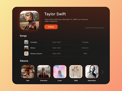 Music player Profile dailyui design flat minimal music music player profile singer taylor swift ui ui design user user profile ux ux design web web design