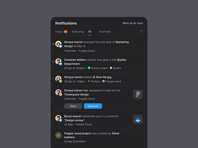 Frappe Notification - Dark theme blue card darktheme design filters grey icon mentioned minimal notification settings ui upload ux