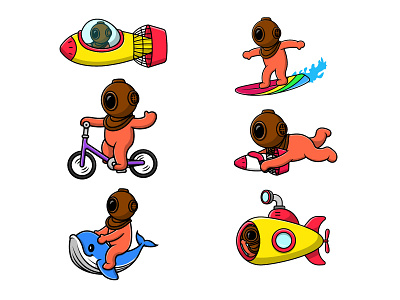 Cute Diver Riding aquatic bicycle cartoon design diver fish flat helmet illustration logo mascot ocean ride riding sea submarine under vector water whale