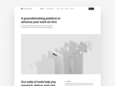 Corellium Website — Concept 01 3d android brand concept corellium development ios iphone landing page page pull apart redesign render research security testing training virtual virtualize website