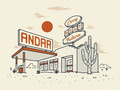 Andar Anniversary Merch andar apparel arizona building cactus desert desolate gas station illustration landscape merch neon sign shirt signage southwest western