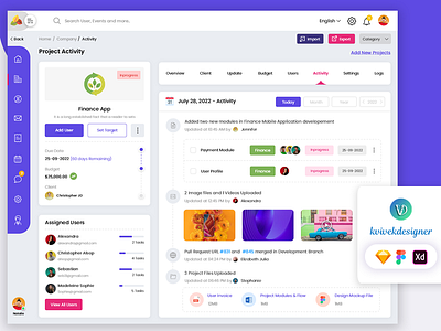 Admin Project Activity Dashboard Page Web UI Template admin calendar category compaines export finance import projects revenue spending ui web