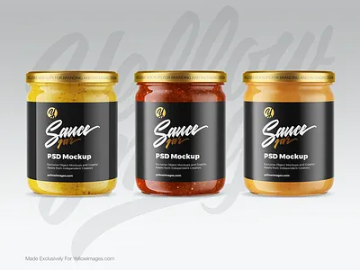 Sauce Jar Mockup — Front View bbq branding buy chili create design food glossy jar label mockup mustard object packaging peanut pesto salsa sauce tomato yellow images