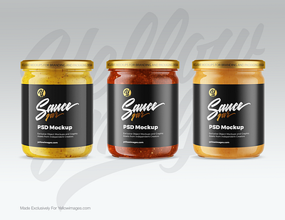 Sauce Jar Mockup — Front View bbq branding buy chili create design food glossy jar label mockup mustard object packaging peanut pesto salsa sauce tomato yellow images