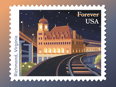 USPS Stamp: Main Street Station architecture color down the street down the street designs dts dts designs illustration landscape railroad stamp stamps stations train usps