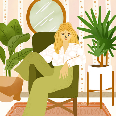 Illustration girl in living room art artwork design digital flower illustration girl illustration pattern patterns women