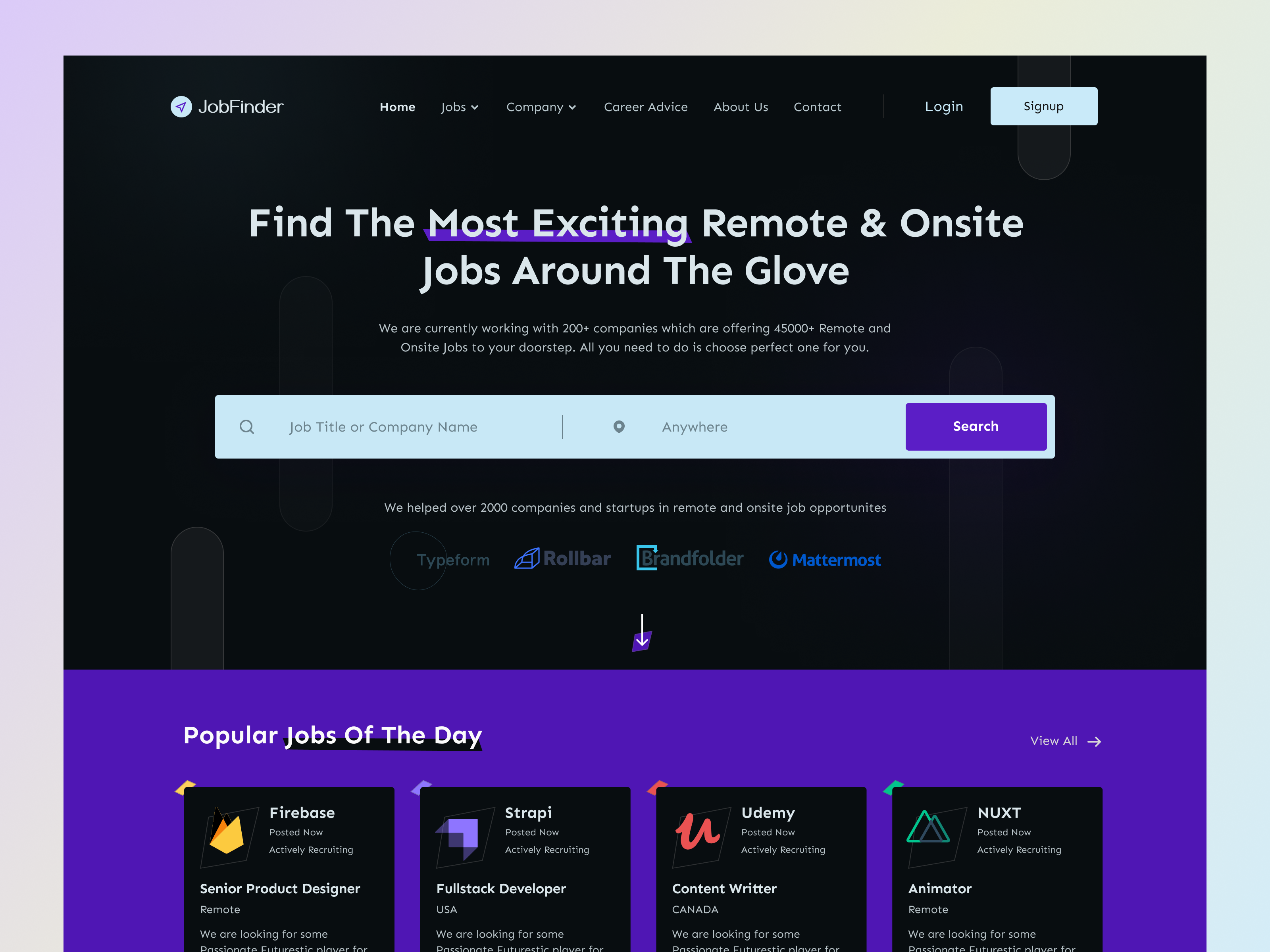 JobFinder Website Design Concept business creativedesign creativework darkmode designconcept designinspiration freelance hersection jobfinder jobsearch landingpage minimal onsite remote startups uiuxdesigner webdesign webuiux