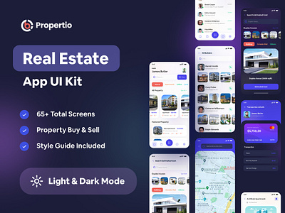 Real Estate App UI Kit-Propertio android app app dark design system free home home rent ios app iphone landingpage mobile portfolio property property buy property sell real estate rent style guide ui ux