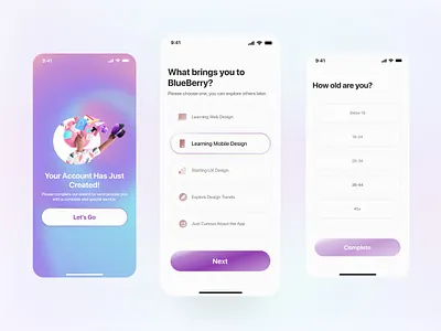 Personalization Wizard for BlueBerry 3d app design gradient illustrations minimal mobile mobile app mobile design onboarding personal personalization wizard ui ux