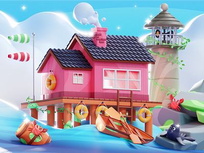 Light House 3D Illustration 3d 3d illustration animation architecture beach blender boat character cinema4d design hero illustration house illustration light house ocean pink sea water